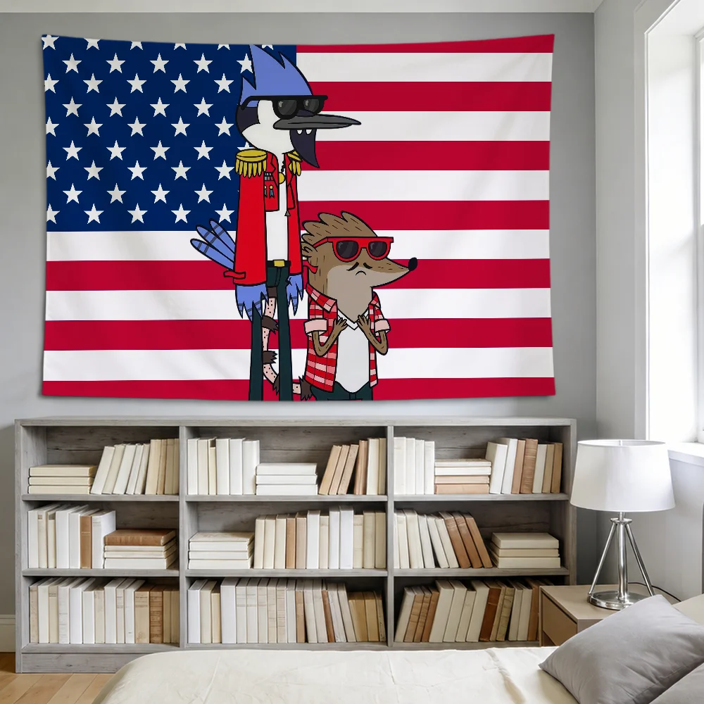 Cartoon Fun R-Regular Show Rigby Mordecai Flag Room Dorm Party Hogar Bedside Living Room Wall Hanging Garden Decor Banner Gift