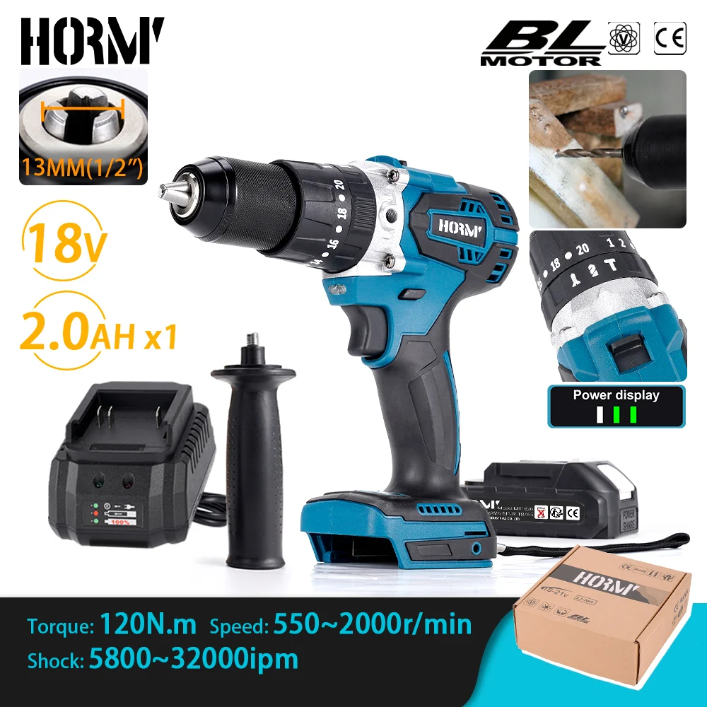 

Brushless Electric Impact Drill 120N.m 3 in 1 Electric Screwdriver with Handle Electric Hammer Power Tool For Makita18V