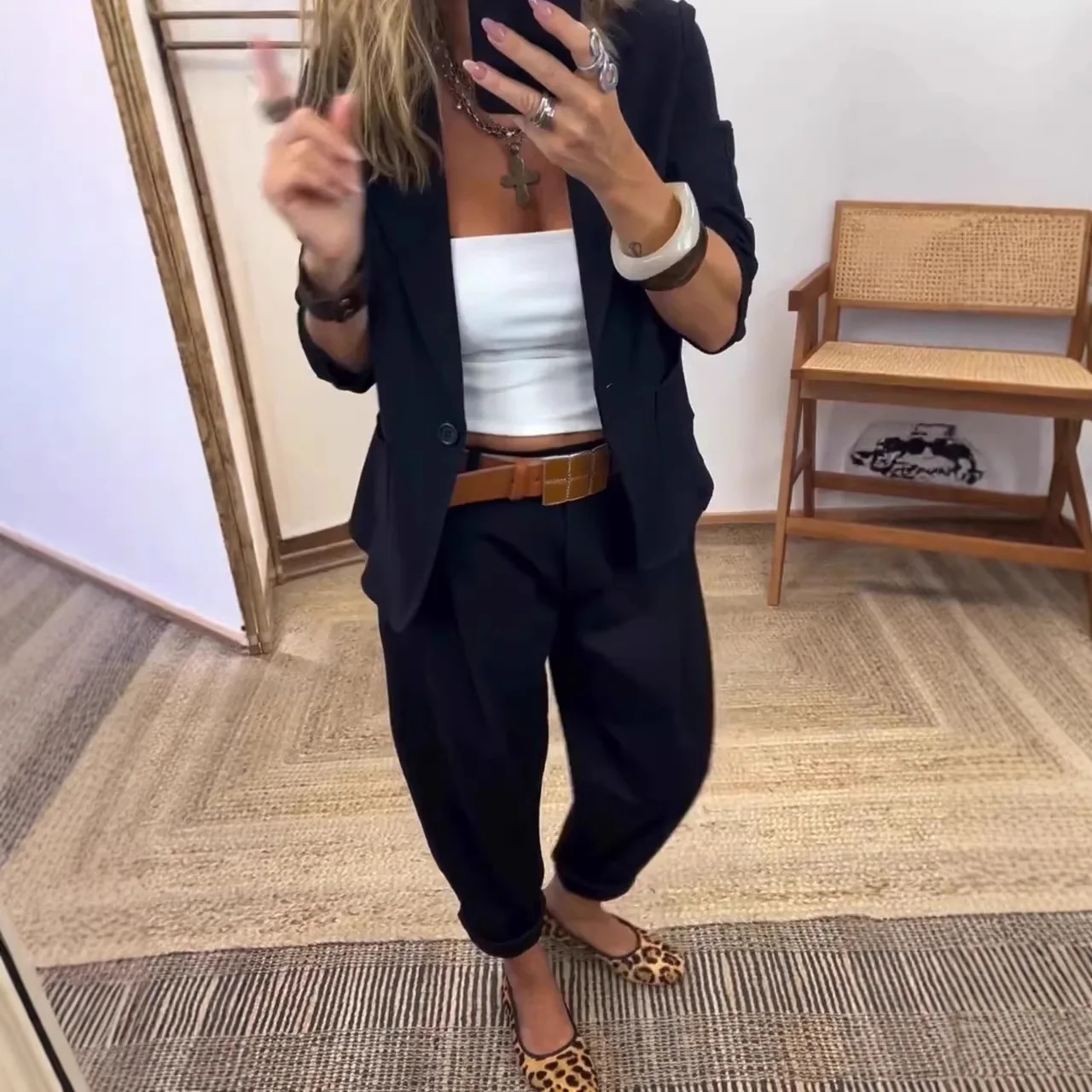 

2026 Spring Summer New Women's Fashion Casual Suit Set Solid Color Long Sleeve Jacket Blazer & Pants