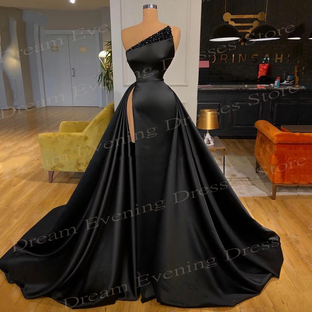 

New Modern Black Evening Dresses Sexy High Side Split Satin Prom Gowns Backless Sweep Train Mermaid Robe De Soiree Pageant Party