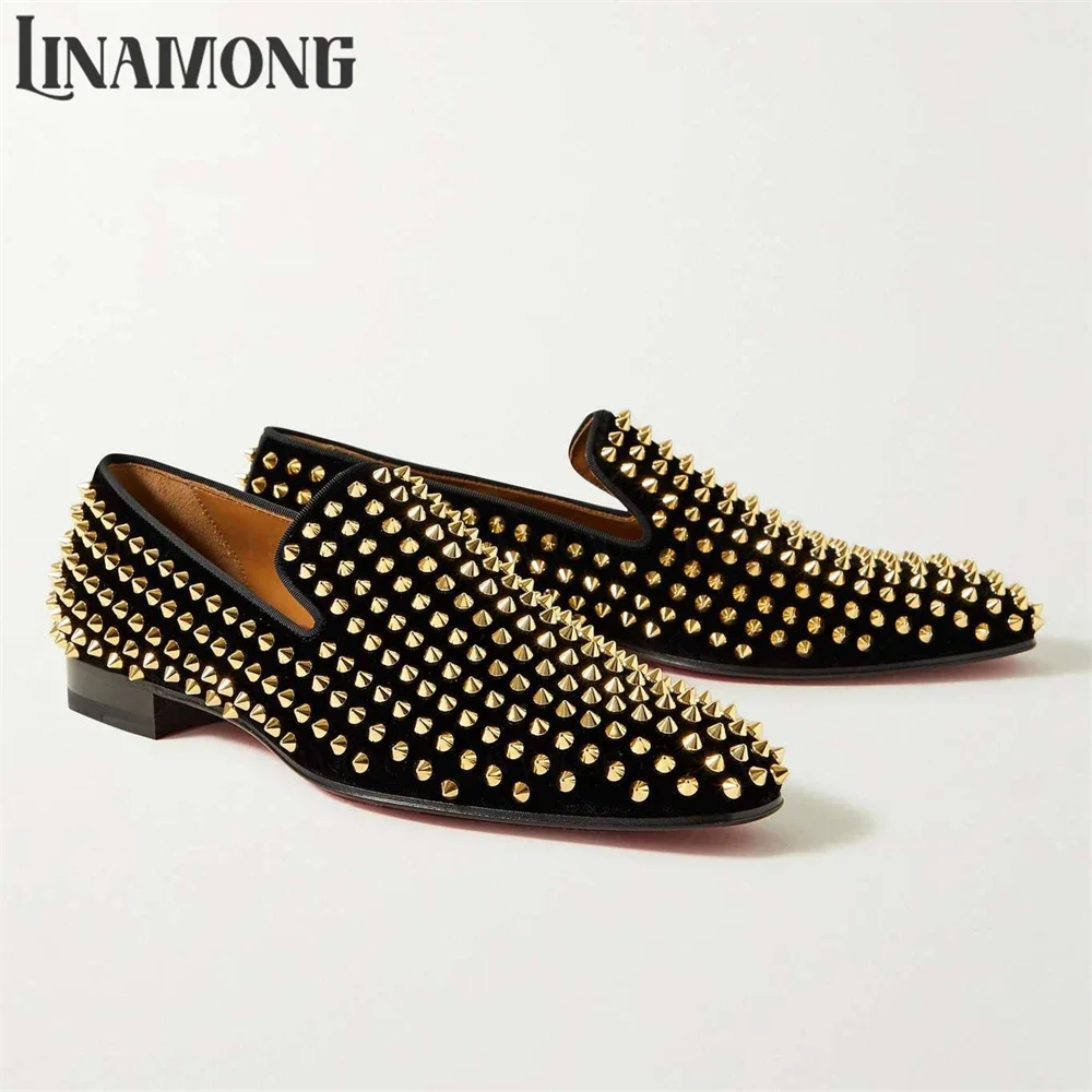 

Full Rivet Loafers for Men Sharp Spikes Black Suede Dress Shoes Fashion Punk Style Comfortable Slip-On Men Flats Daily Footwear