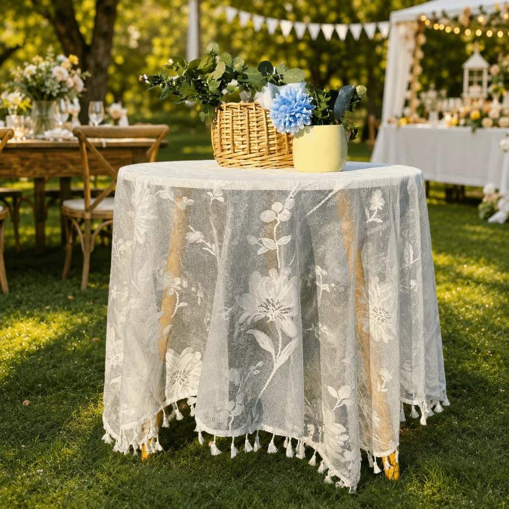 Boho Vintage Pompom Tassel Tablecloth Dust-Proof Embroidered Lace Tablecloth White Color Cotton French Table Cover Decor Picnic
