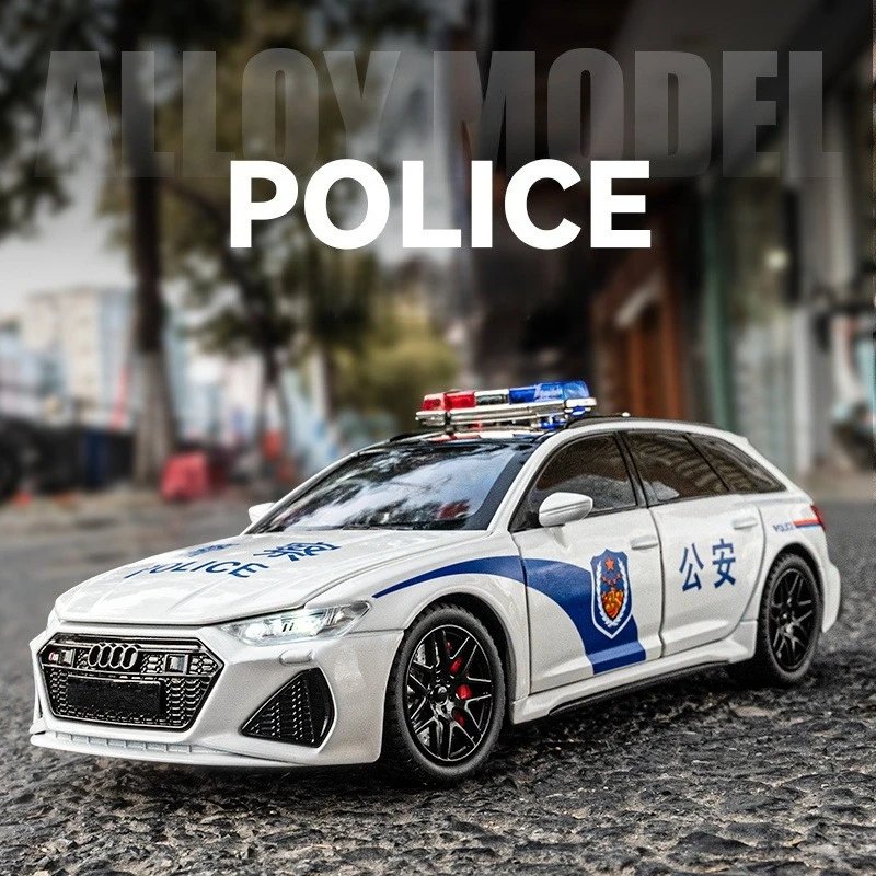 

Машинка-копия полицейского автомобиля RS6 в масштабе 1:24, с функцией поворота передних колес, коллекционная модель из литого сплава, подарок