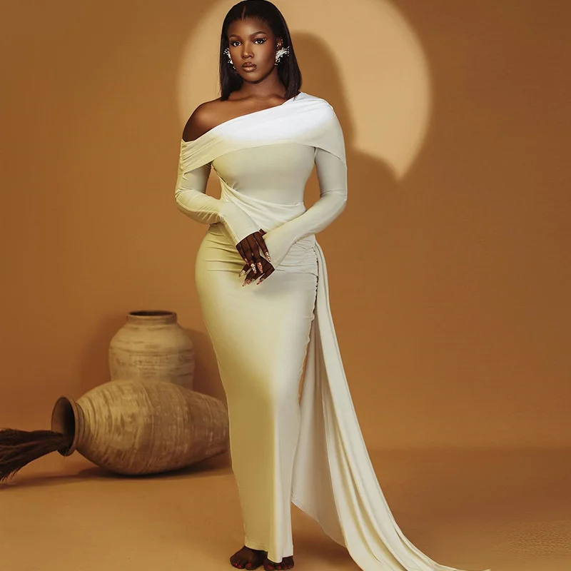

2025 Elegant Women One Shoulder Dress Chic Off Shoulder Irregular Hem Long Sleeve Bodycon Solid Color Slim Fit Maxi Dress Party