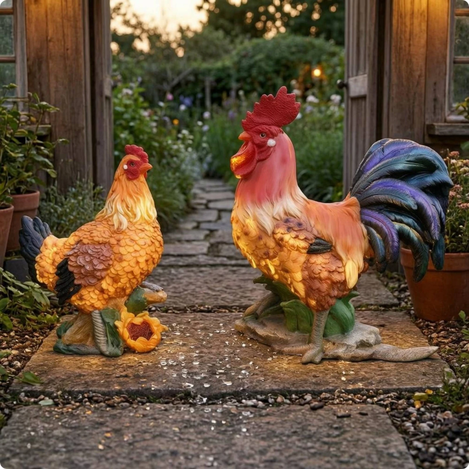 Rooster Figure and Hen Statue Weather-Resistant Garden Rooster Figure Sculpture Yard Art Waterproof Outdoor Decoration Rustic