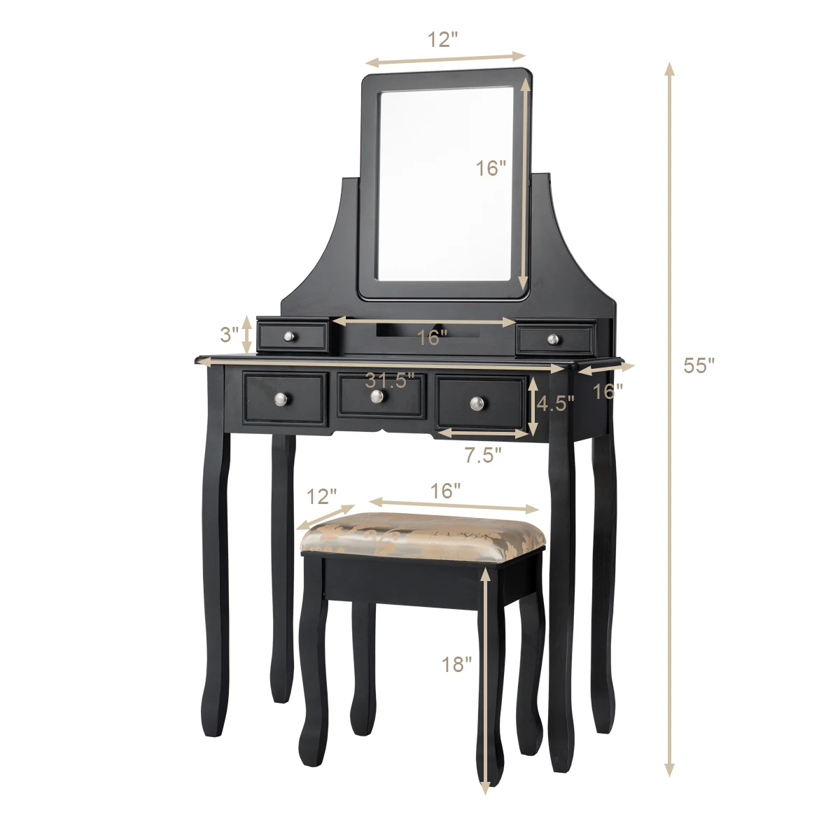 Vanity Set W/5 Drawers &Removable Box Makeup Dressing Table and Stool Set Black