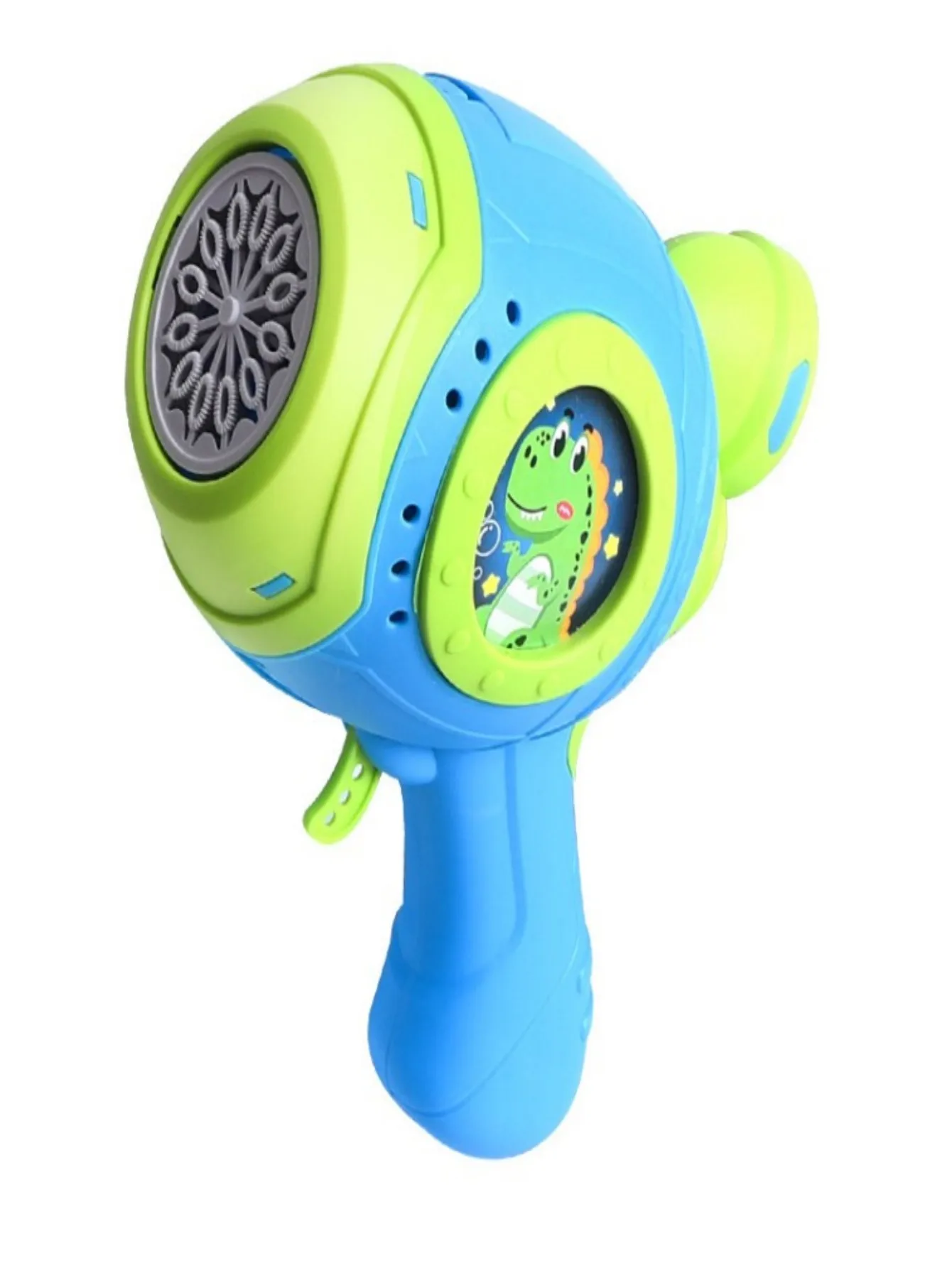 Elektrische Seifenblasenpistole mit Dinosauriermotiv für Kinder. Es handelt sich um eine tragbare automatische Seifenblasenmaschine, geeignet für den Außenbereich.