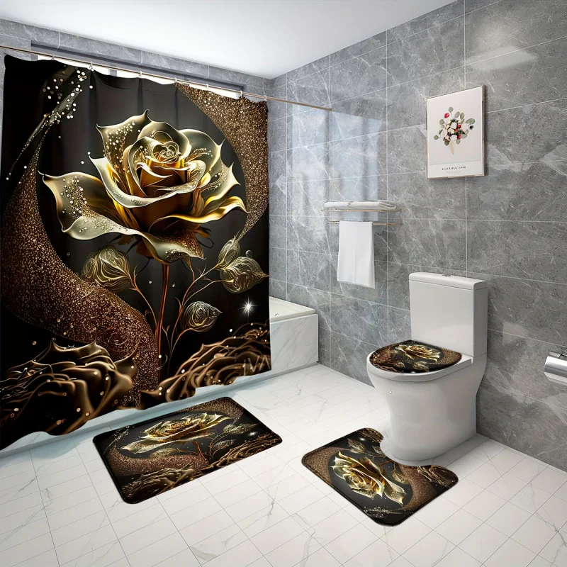 4pcs Golden Rose Printed Shower Curtain Set, Waterproof Shower Curtain With 12 Hooks, Non-Slip Rug, Toilet Lid Cover Pad And U-s