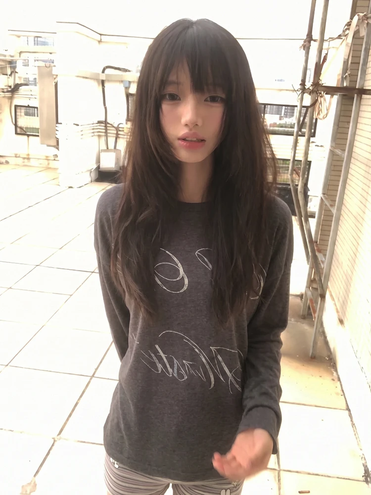 Tonngirls Ästhetisches 2000er-Jahre-Print-T-Shirt für Damen, lässiges, lockeres Langarmshirt, Streetwear, Y2K, japanisches Vintage-Oberteil – Detail 5