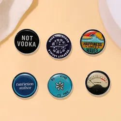 Creative Round Enamel Brooch English Letter Flower Shark Waves Zinc Alloy Lapel Pin Badge Backpack Clothing Hat Accessories