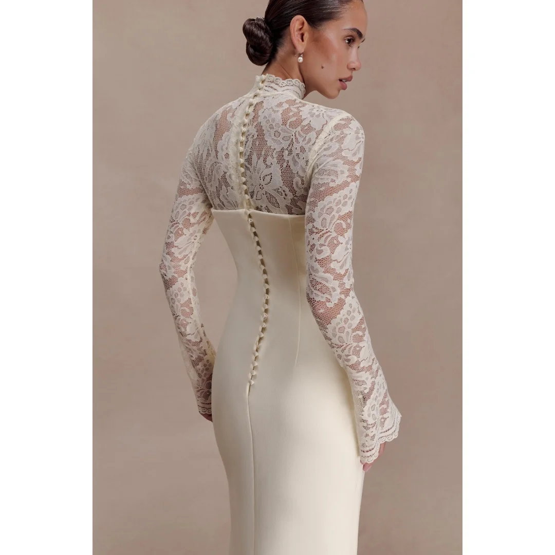 2026 Customized Wedding Dress Keyhole Neck Lace Sleeve Crepe Sheath Wedding Gown Vestidos De Novia Вечерние платья שמלות ערב