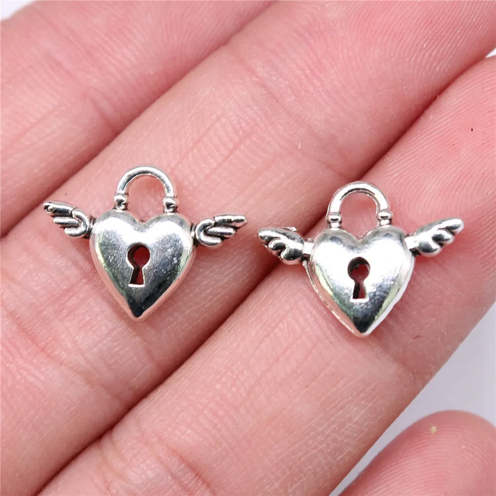 20pcs/lot 18x13mm Wing Heart Lock Charms For Jewelry Making Antique Silver Color 0.71x0.51inch