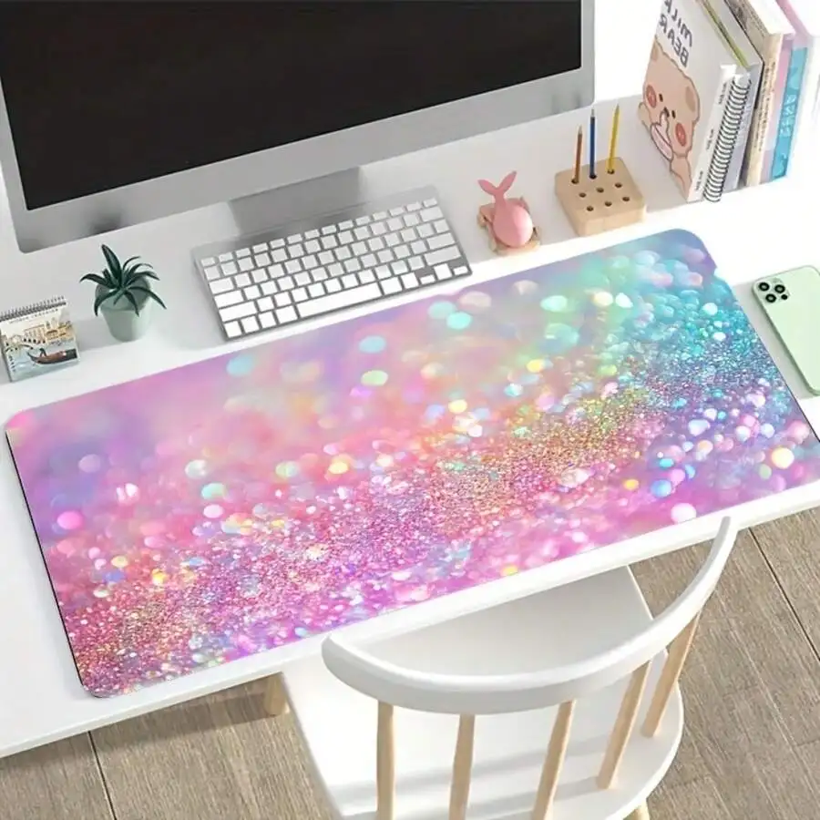 Oversized Gaming Mouse Pad With Pink Rainbow Glitter Gradient Non-Slip Rubber Base