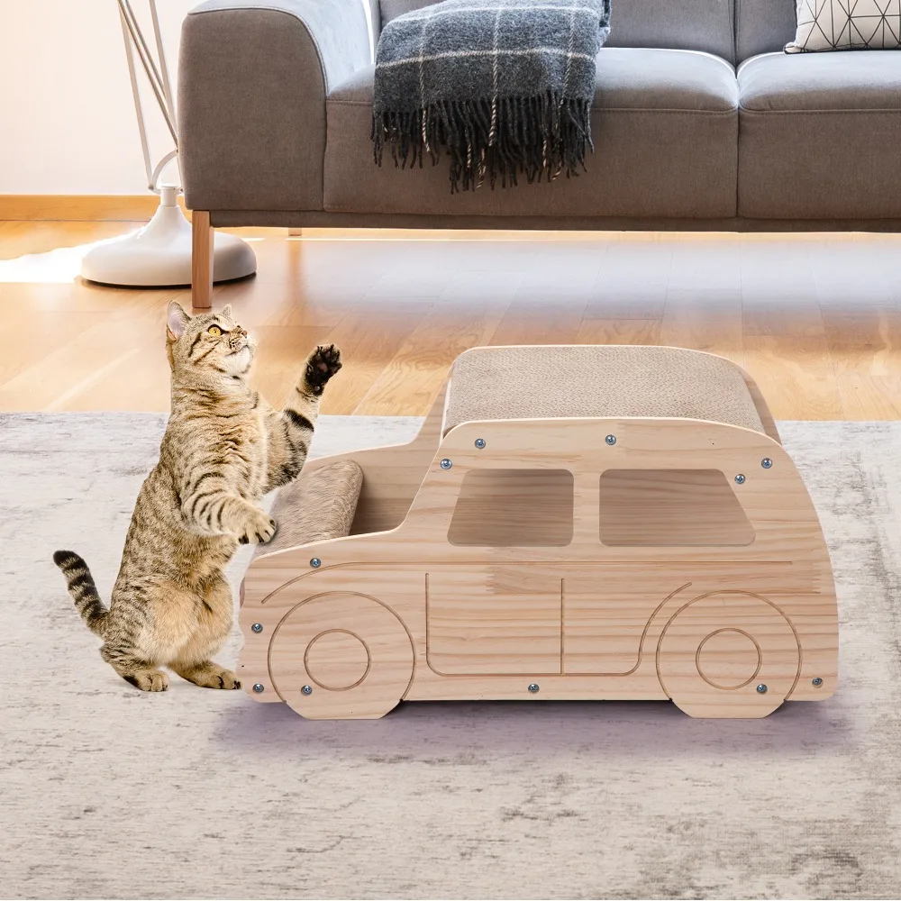 2-in-1 Wood Corrugate Cat Scratcher, Cardboard Cat House, Reversible Car-Shaped Scratch Furniture Protector Cat Scratching Board