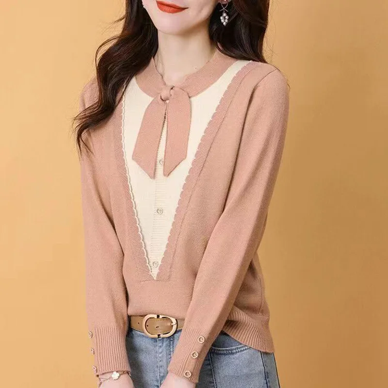 Fashion V-Neck Knitted Spliced Lace Up Bow Sweater Women\'s Clothing 2023 Autumn New Casual Pullovers Korean Fake Two Pieces Tops