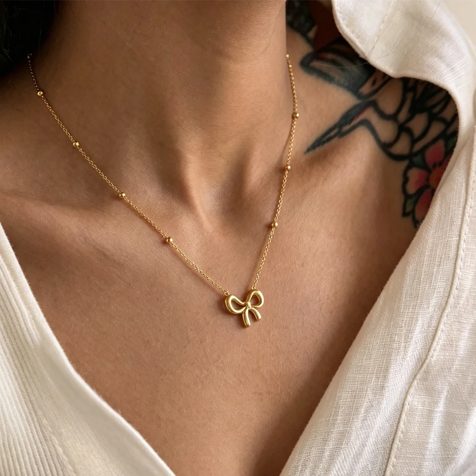 Yupsk Minimalist Korean Fashion Stainless Steel Bowknot Necklace for Women Delicate Bow Tie Charm Choker Necklaces Girls Gift