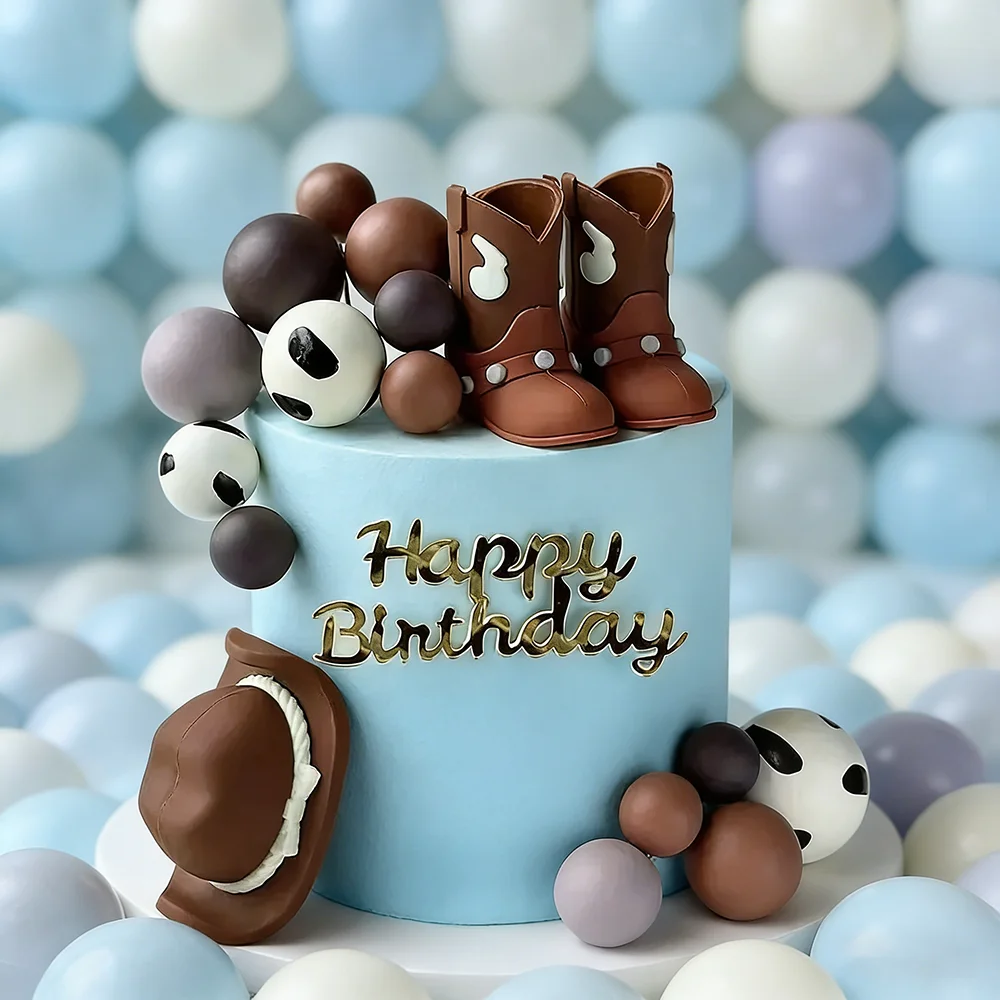 Western Cowboy Theme Cake Topper Brown Cowboy Hat Boot Balls for Kids Birthday Baby Shower Party Cake Decoration Supplies view 2