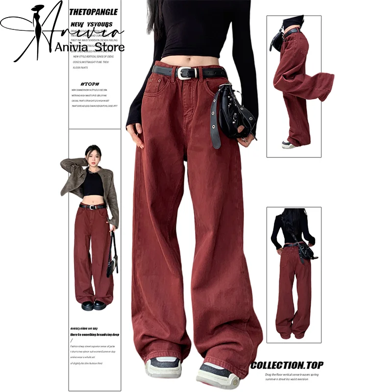 

Women Red Jeans Harajuku Y2k Aesthetic Streetwear Baggy Denim Trousers Korean Loose Jean Pants 90s Vintage 2000s Trashy Clothes