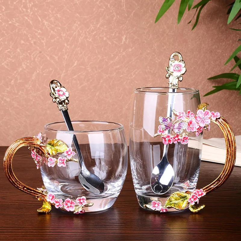 

Blue Rose Enamel Crystal Butterfly Glass Cups High-grade Flower Tea Cup Mug Hot and Cold Drinks Tea Cup Perfect Wedding Gift