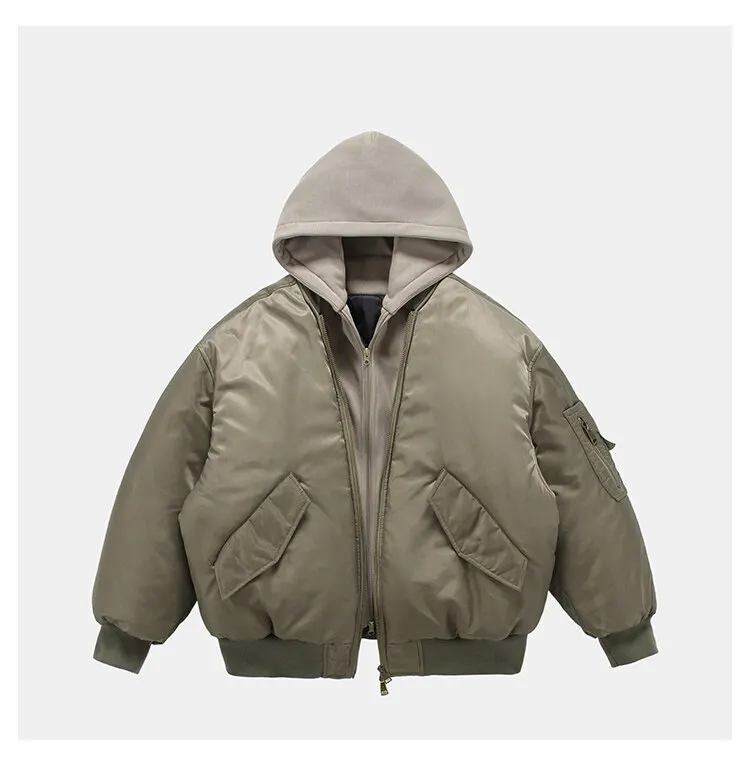 Fake Two Pilot Cotton Jackets Mens Winter New High Street Trend Thickening Hooded Bomber Coats Multiple Pockets Short Parkas