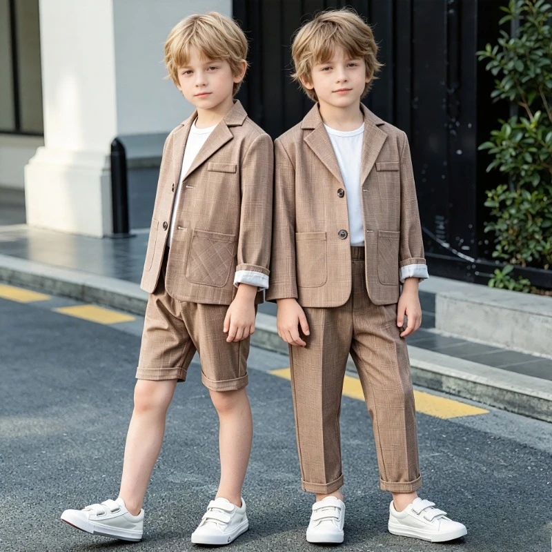Boys Casual Plaid Blazer Suit Set with Long Pants or Shorts Soft Draping Fabric Kids Loose Fit Streetwear Summer Spring 4-14Y