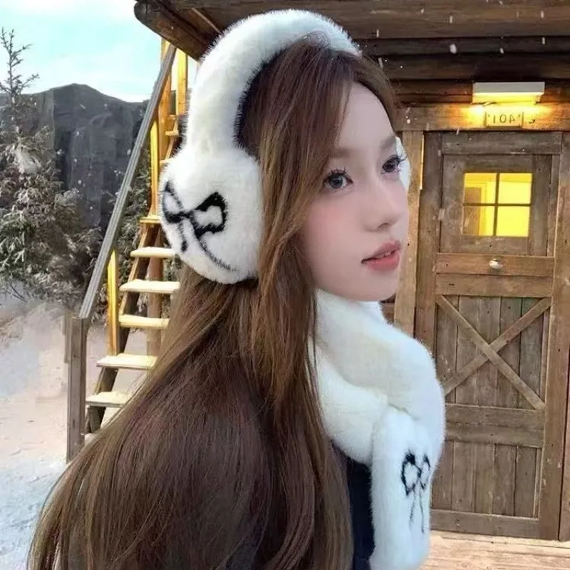 Butterfly Knot Plush Warm Ear Muffs Scarf Set for Women in Winter, Warm and Skin Friendly, Soft and Cute Ear Warmers