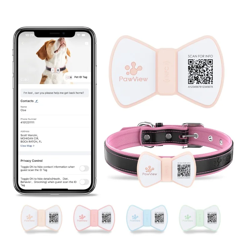 Silicone Smart Pet ID Tag Bow Tie Style QR Code & NFC Mini Dogs Cats Anti-Lost Tracker Waterproof Pet Collar GPS Tracker Pendant