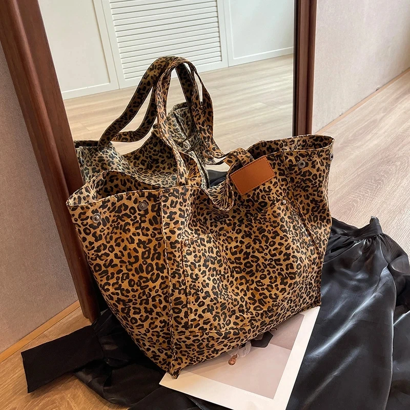 Oversized Leopard Prints Shoulder Bags For Women Deformable Canvas Large Capacity Shopping Totes All Season New Luxury Handbags