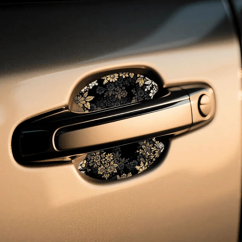 4Pcs Black Gold Floral Pattern Car Door Handle Anti-scratch Protective Stickers, Elegant Floral Leaf Vinyl Decals