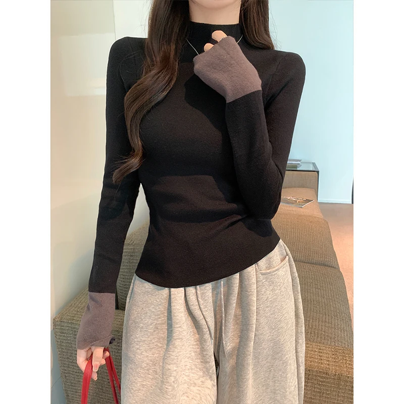 컬러 블록 니트 롱 스웨터 하이 칼라 베이스 티셔츠 여성 패션 가을 겨울 빈티지 슬리브 이너웨어 티셔츠