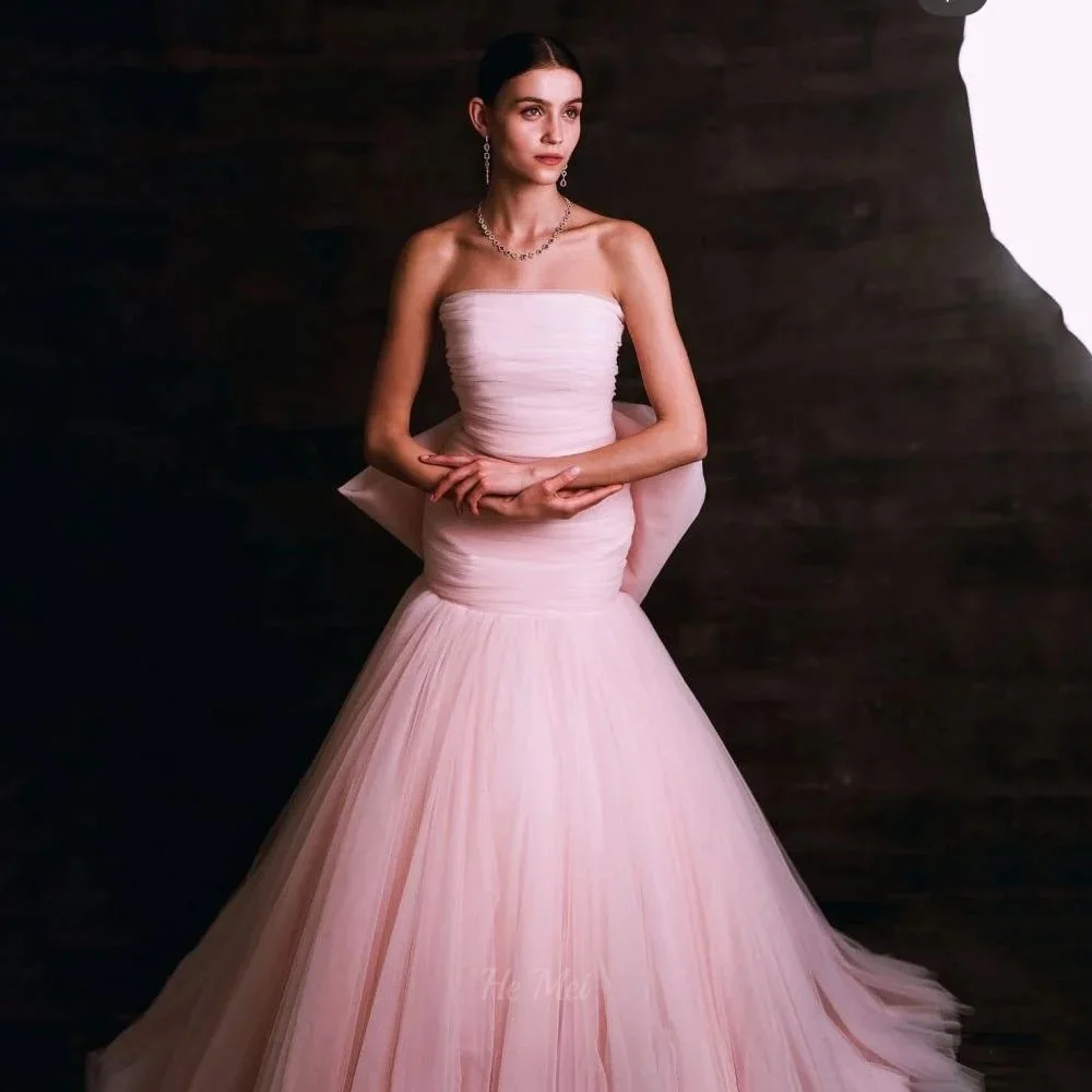 

Customized Prom Dresses Tulle Strapless Mermaid Evening Dress Simple Pink Bow Party Gown Elegant Vestido De Novia