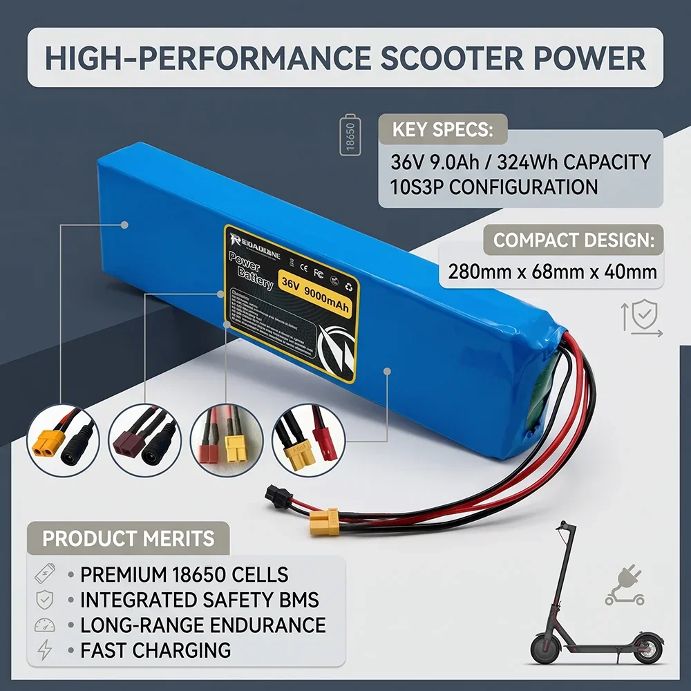 10S3P 36V 9.0Ah 18650 Rechargeable Lithium Battery Pack for 500W 1000W Electric Scooter E-Bike Motor XT60 JST Plug Custom