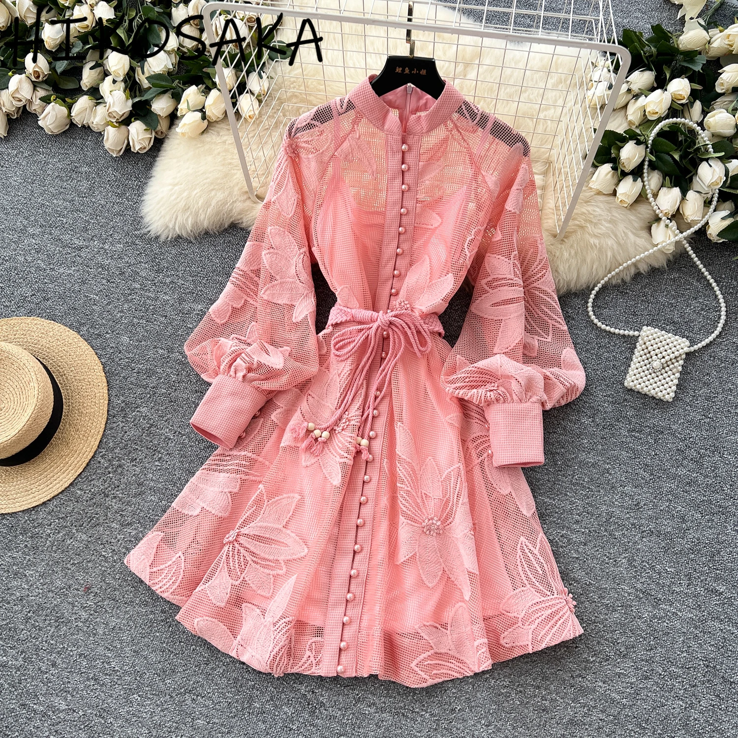 

French Temperament Solid Women Dress Court Style Bandage Slim Waist Vestidos Hollow Out Embroidery Single Breasted A-line Robe