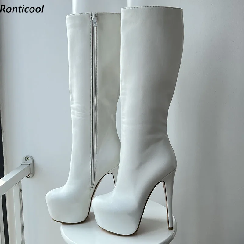 

Ronticool High Quality Women Winter Platform Knee Boots Sexy Thin Heels Round Toe Beautiful White Club Shoes Plus US Size 5-20