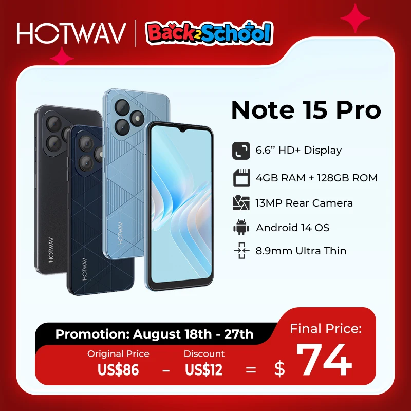 HOTWAV Note 15 Pro Mobile Phone Android 14 6.6'' HD+ 12(4+8)GB 128GB Cellphone 13MP 5160mAh 8.9mm Ultra-Thin Smartphone