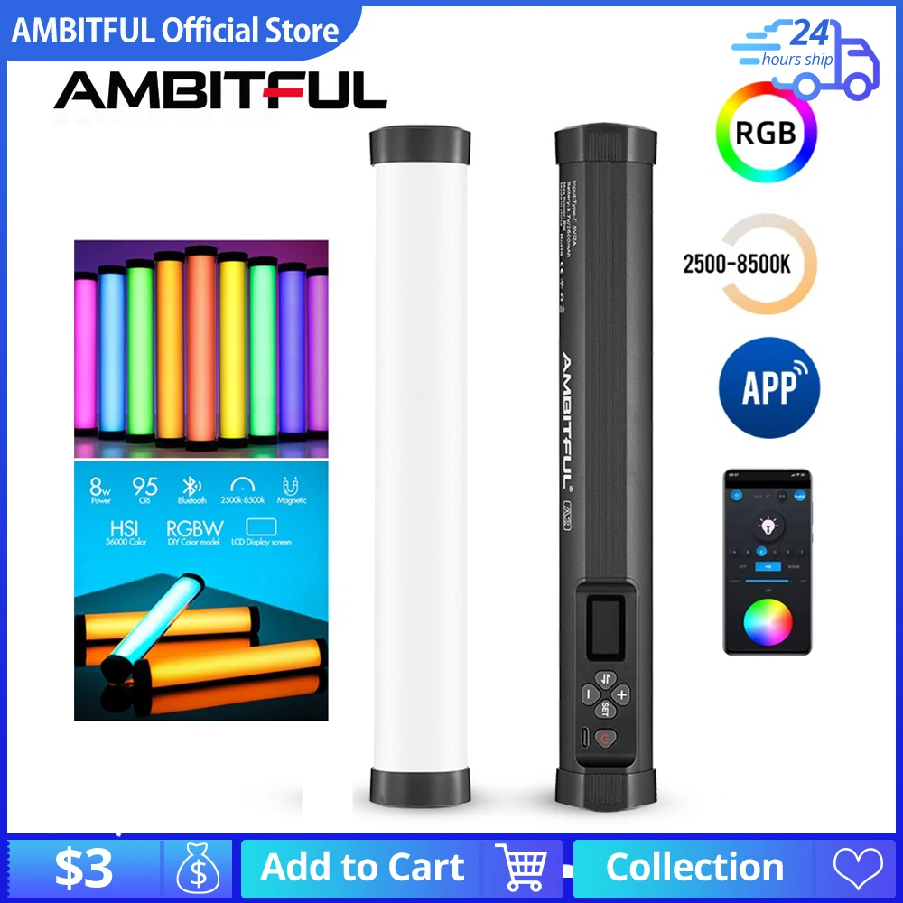 

AMBITFUL A2 RGB 2500-8500K RGB LED Video Stick Tube Light, CRI 95+ TLCI 97 +,Built-in APP Lithium Battery Magnetic Function