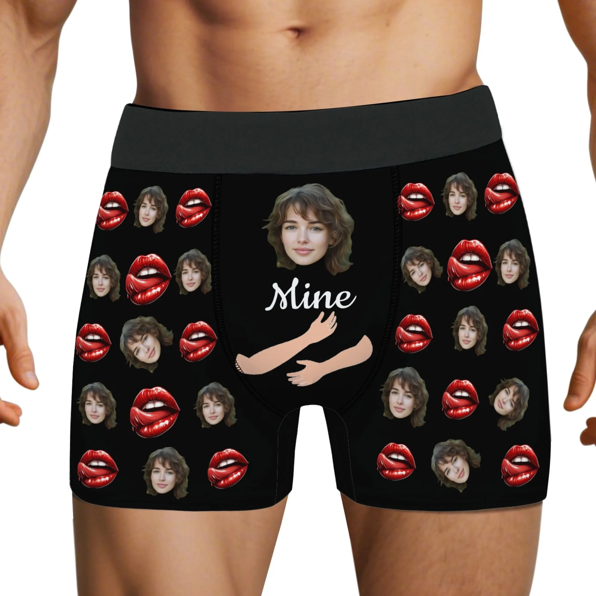 Sweet Sexy Funny Personalized Valentine's Day Gift Custom Face  Men's Boxer Briefs Red Tongue Arm Hug Face Pattern Print
