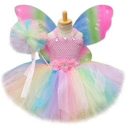 Pastel Fairy Princess Dresses for Girls Birthday Party Costumes Kids Halloween Tutu Outfit with Butterfly Wings Fancy Dress Set