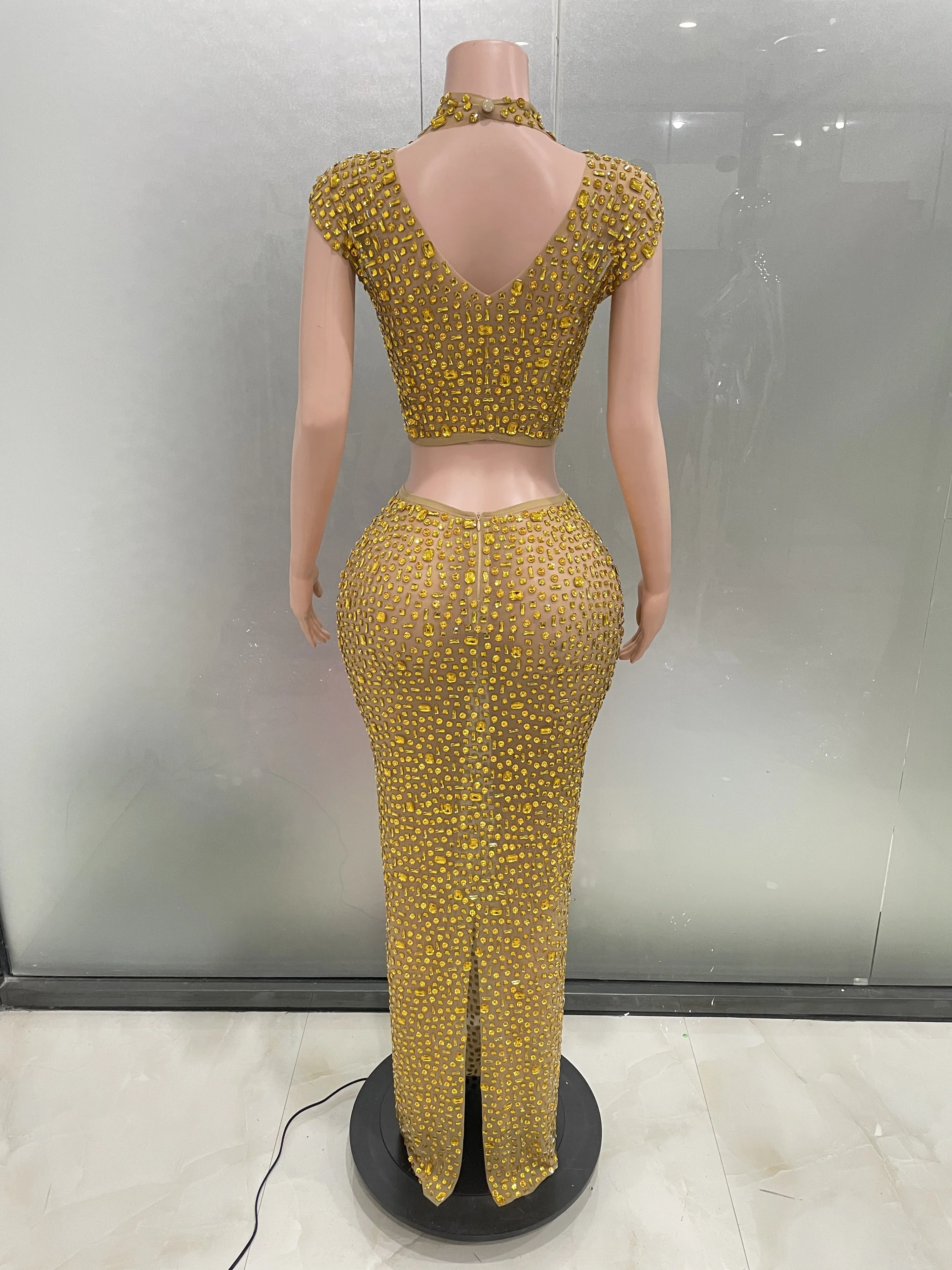 Sexy Luxury Sparkly Gold Rhinestone See Through Mesh Two pieces Long Dresse Women Club Party Wear Red Carpet Stage Show Costume