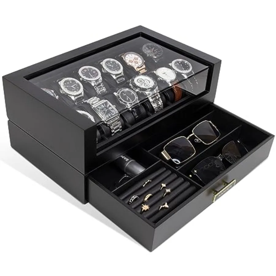 

High End Watch Box for Men 12 Slot Wooden Watch Case with Drawer Watch Display Box with Glass Lid 2-Layer Watch Holder for Jewe
