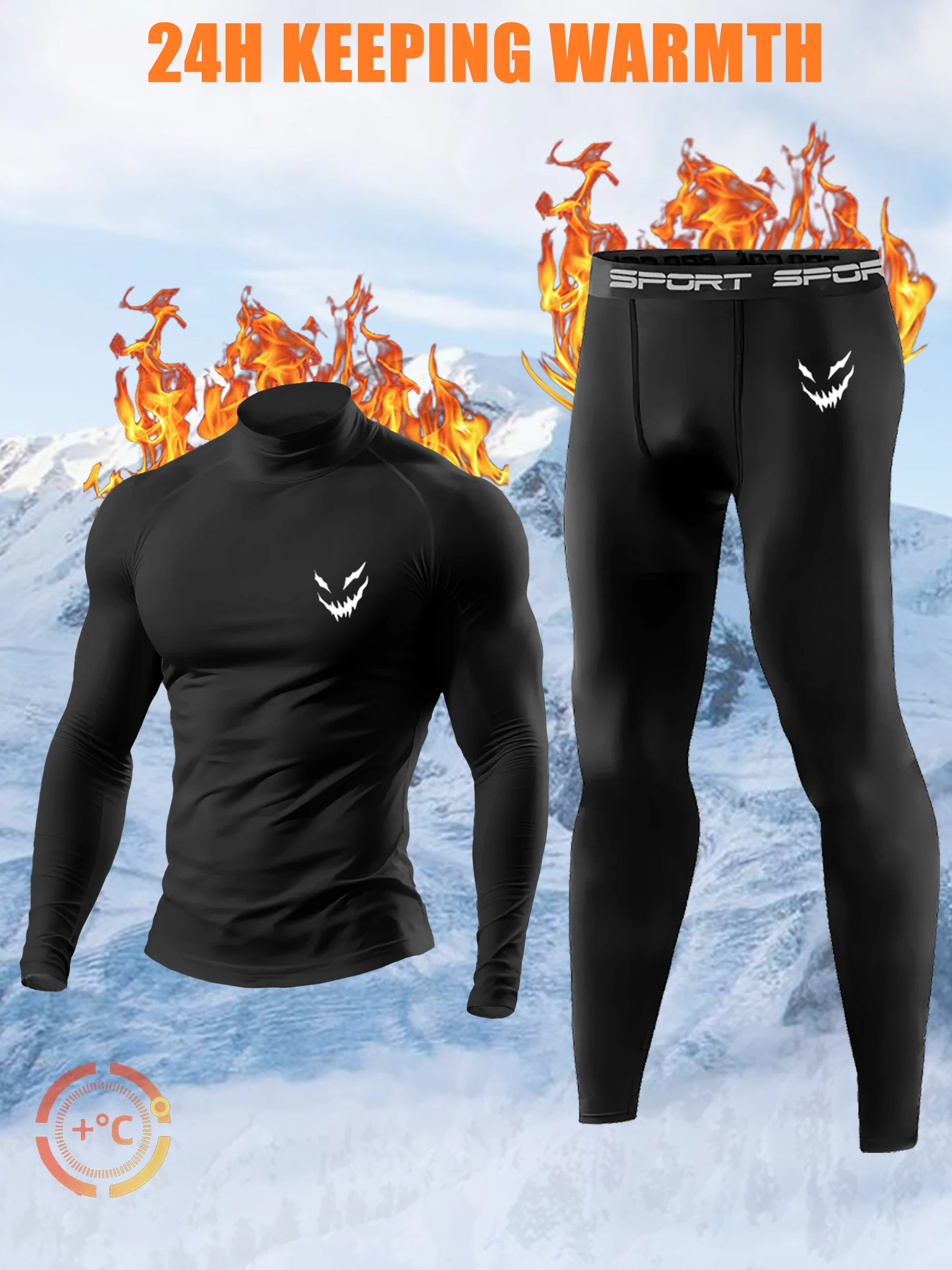 1Set Men’s Black Warm Compression Fleece Tracksuit Mock Neck Cool Graphic Print Slim Fit Elastic Thermal Sportswear Running Trai