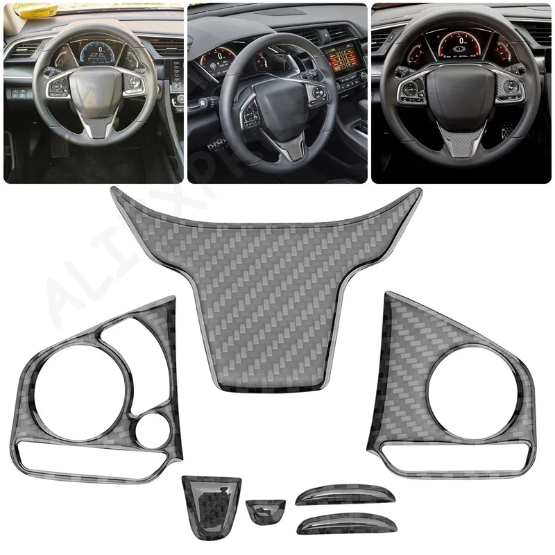 New Carbon Fiber Steering Wheel Button Switch Panel Trim Cover Car Decoration Accessories For  Civic 10th FC/FK 2016-2019