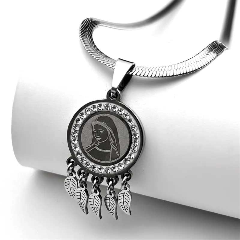 

Vintage Virgin Mary Crystal Leaf Tassel Pendant Necklace Women Men Stainless Steel Gold Color Religion Amulet Catholic Jewelry ﻿