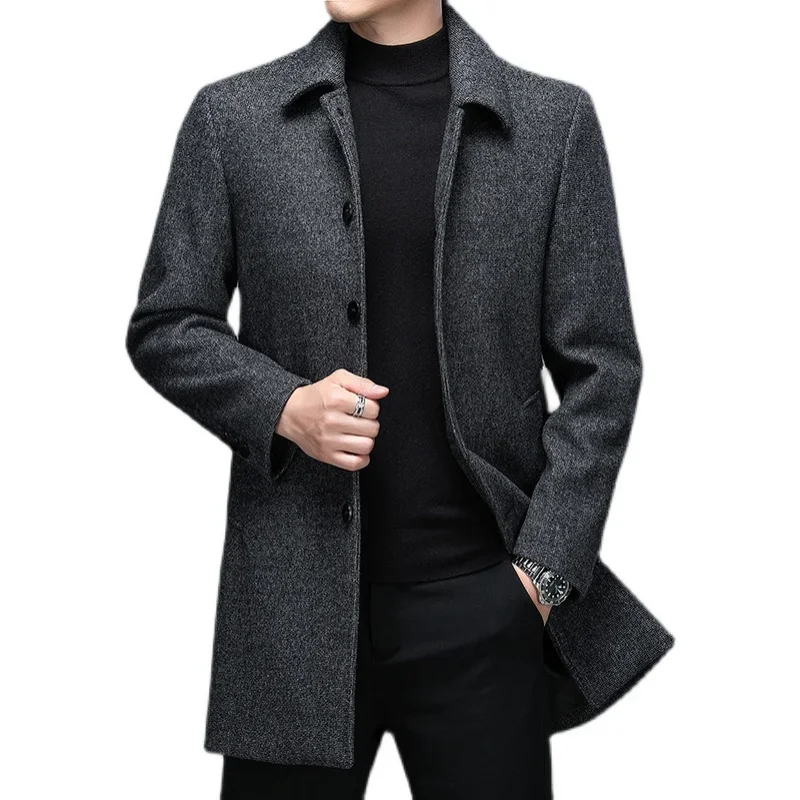 

High Quality Mens Winter Jackets and Coats Business Casual Woolen Jackets Coats Long Overcoat Men Turn Down Collar Wool Blends