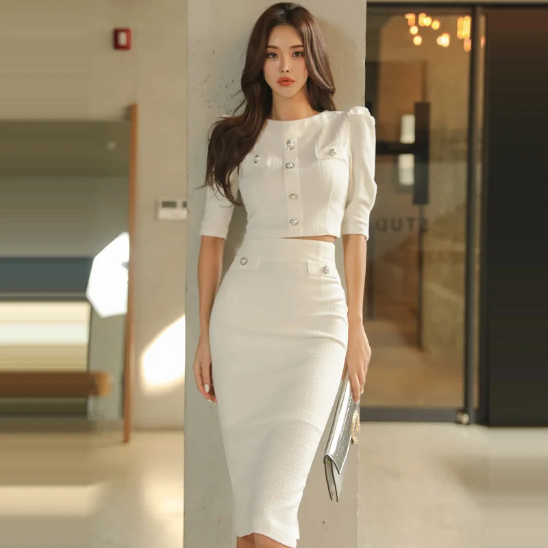 Commuter Temperament Beige Set Single breasted half Sleeve Short Top+High Waist Wrap Hip Skirt Office Women's Two Piece Sets