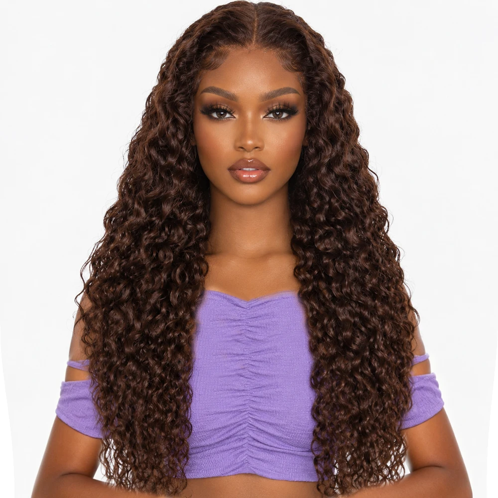100% Human Hair Brown Water Wave Wigs Human Hair Chocolate Brown Curly Pre Plucked 13x4 13x6 HD Lace Frontal Wigs For Women 200%