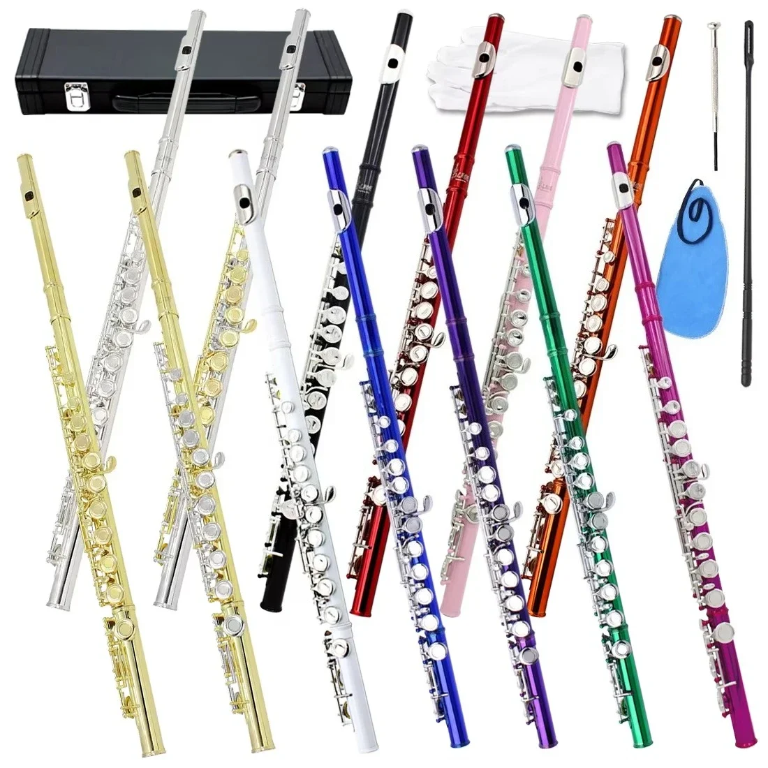 Hot Sale Professional OEM ODM Gold Silver Color Black Red Blue Flute Woodwind Musical Instrument C Tone 16 Closed Holes Flute
