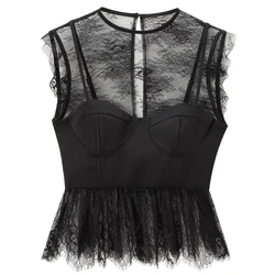 HXAO 2024 Woman Black Patchwork Lace Blouse For Women Autumn Lady Sleeveless O-Neck Vest Crop Corset Tank Top Elegant Sexy Shirt