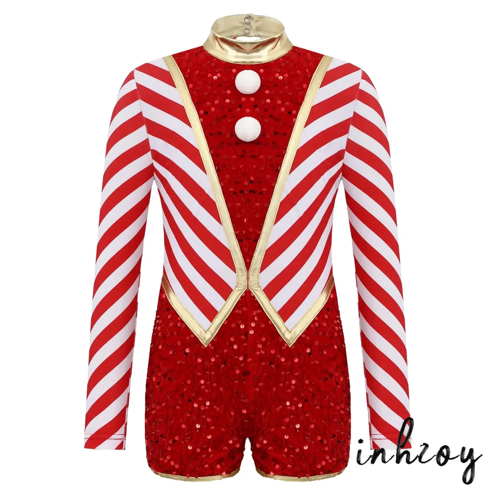 الفتيات عيد الميلاد زي عيد الميلاد الأميرة وهمية الرقبة طويلة الأكمام المشارب الترتر الكريات بذلة عيد الميلاد حفلة قصب الحلوى السروال القصير