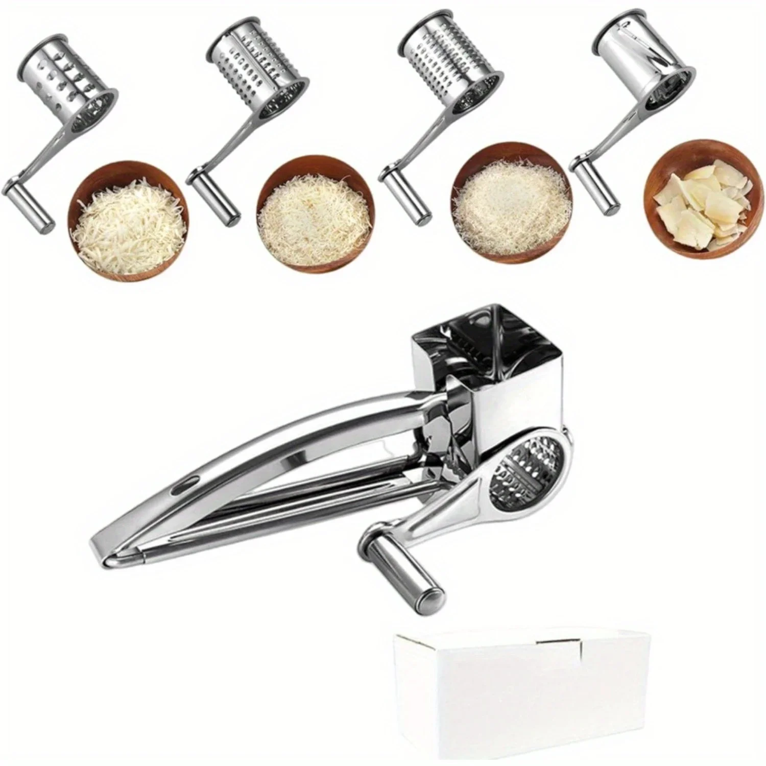 5-Piece Stainless Steel Cheese Grater Set - Handheld Rotary Shredder With 4 Interchangeable Blades For Hard Cheeses, Chocolate &